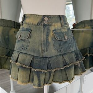 Tiered Olive Green Denim Mini Skirt with Utility Pockets